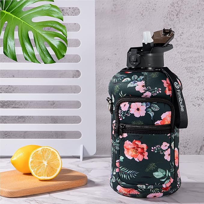 Fimibuke Half Gallon Water Bottle with Sleeve 64 OZ Water Bottle with Handle & Straw Leakproof Motivational Sports Gym Water Bottle with Time Marker BPA Free Water Jug with Reusable Neoprene Holder