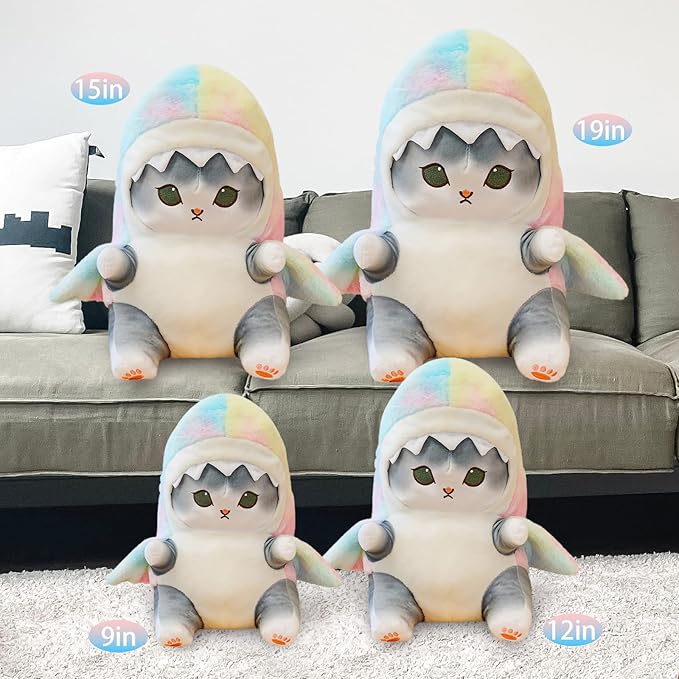 Kawaii Shark Cat Plush Toy Stuffed Animal Doll, Cute Soft Pillow Stress Release Hugs Toys Christmas Halloween Birthday Gifts for Kids Boys Girl Best Gift (Colorful - Gray,15 inch)