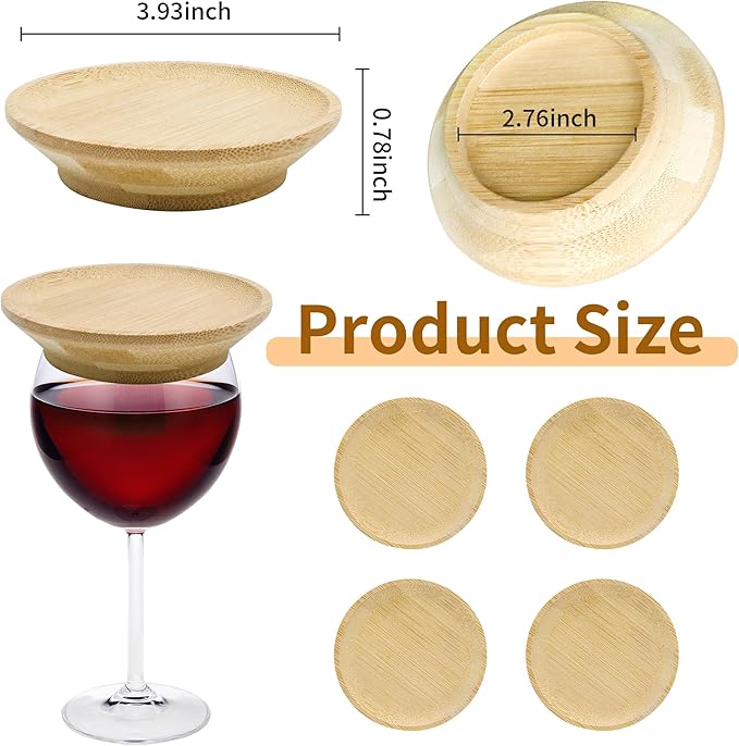 4PCS Wine Glass Charcuterie Topper, Bamboo Wine Glass Topper Coasters Plate, Charcuterie Wine Glass Topper, Prevent Red Wine Spills for Family Gatherings, Restaurants, Bars