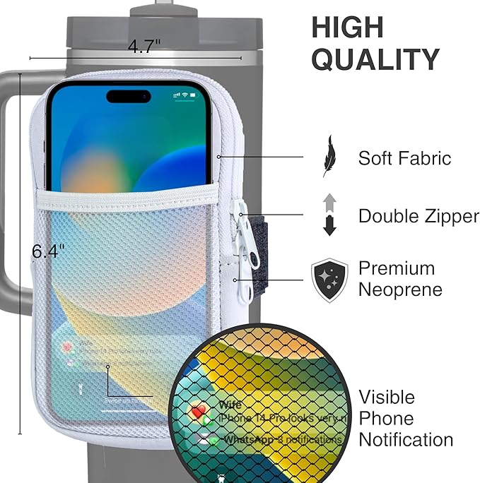 Water Bottle Pouch for Stanley Cups with 20oz 30oz 40oz Stanley Quencher Adventure & Stanley IceFlow, Gym Accessories for Women Tumbler Pouch with Strap & Zipper Cup Purse for Card Keys (White, Large)