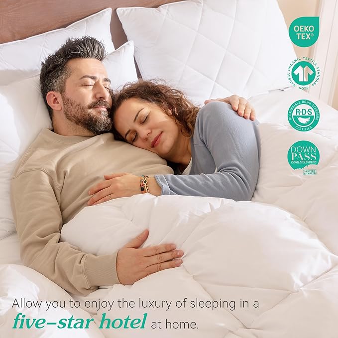 Three Geese Pack of 2 White Goose Feather Bed Pillows King Size- Soft 600 Thread Count 100% Cotton, Medium Firm,Soft Support Surround Fill Polyester,White Solid