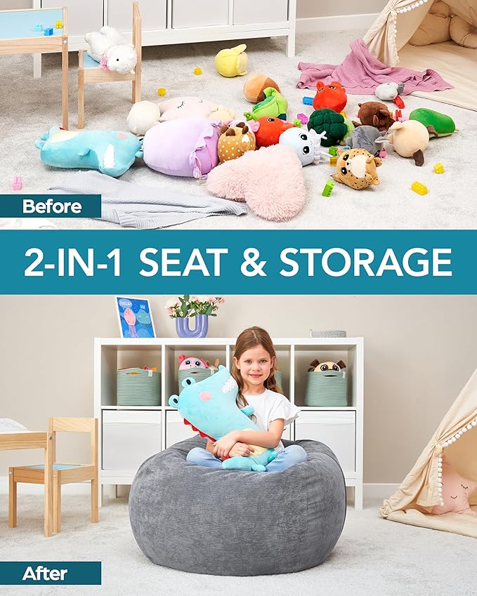 Stuffed Animal Bean Bag Storage (No Filler) - Machine Washable Kids Bean Bag Chair Cover Makes Extra Large Bean Bag Chair Stuff Toys & Soft Items - Stuffed Animal Holder for Kids -Grey Corduroy
