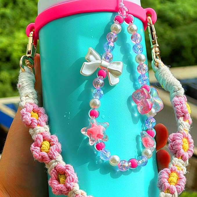 Mity rain Water Bottle Accessories Set for Owala, Including Water Bottle Handle Strap, Charms,Bohemian Style Personality and Easy to Carry (Pink, Universal (not Include Boot))