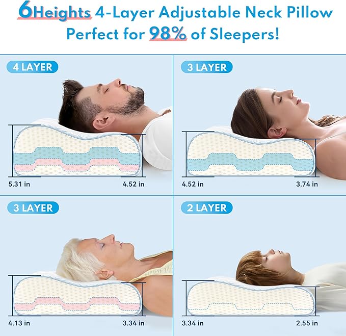 Cervical Neck Pillow for Pain Relief - 4-Layer Adjustable Contour Memory Foam Cooling Pillow for Sleeping, Cooling Ergonomic Pillow for Side Back Stomach Sleepers, Sandwich Pillow Queen Size
