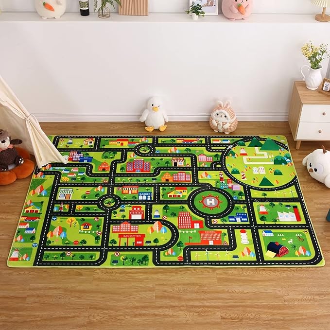 Kids Playmat Car Rug, City Life Fun Carpet Educational Car Rugs for Kids Play with Cars and Toys Road Traffic Play Mat for Bedroom Playroom Classroom Soft Large Area Rug, 8x10 ft Black Streets