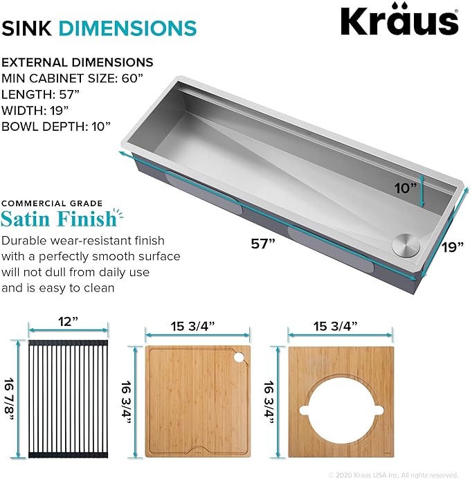 Kraus KWU210-57 Kore 2-Tier Workstation Undermount 16 Gauge Stainless Steel Single Bowl Kitchen Sink with 10 Piece Chef’s Kit of Accessories, 57 inch