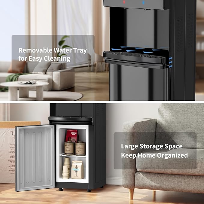Hot & Cold Top Loading Water Dispenser, 3 5 Gallons Water Coolers with Removable Drip Tray & Storage Cabinet, 3 Temperatures, Home, Child Safety Lock, Office, Living Room.