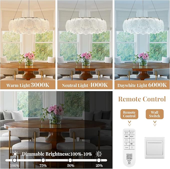 LED Crystal Glass Chandelier Dimmable Round Dining Room Chandelier Over Table Modern Gold Chandelier Lighting Fixture for Home Office Bedroom Living Room Kitchen 24in, 55W with Remote Control