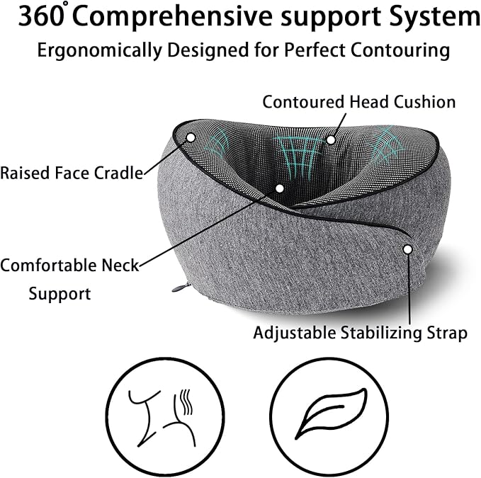 Travel Pillow 100% Pure Memory Foam,New Ergonomic Design 360°Adjustable Soft Neck Pillow,Travel Neck Pillow for Car and Airplane Travel,Neck Pillow for Traveling with Eye Masks and Earplugs(Grey)