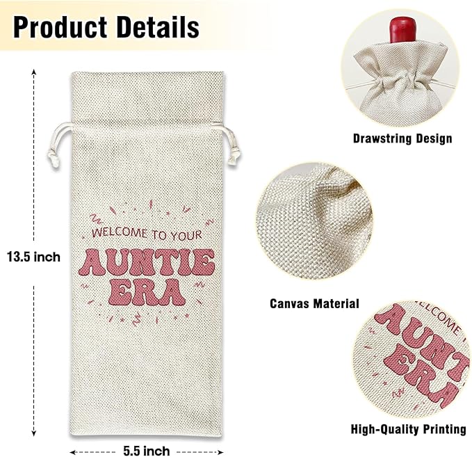 Wine Canvas Bag, Pregnancy Announcement for Aunt New Aunt Gifts for Sister, Wine Gift Bag, Wine Bags for Wine Bottles, Wine Champagne Gifts With Drawstring Baby Announcement Party Decoration -WB04
