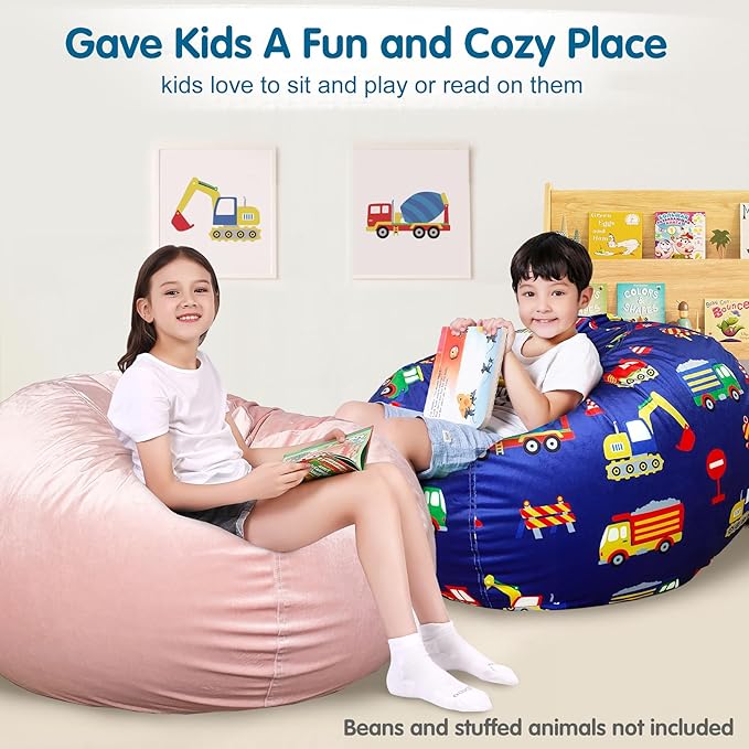 Lukeight Stuffed Animal Storage Bean Bag Chair Cover for Kids, Zipper Beanbag Chair Cover for Organizing Toddler and Kids' Rooms Plush Toys (Excavator Velvet, Large)