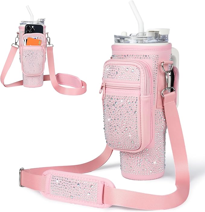 Bling Diamond Water Bottle Carrier Bag with Phone Pocket for Stanley 40/30 oz Tumbler with Card Holder,Neoprene Water Bottle Holder Pouch with Adjustable Strap for Stanley Cup Accessories