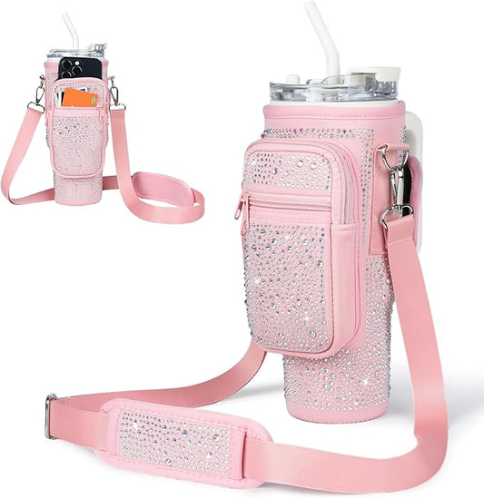 Bling Diamond Water Bottle Carrier Bag with Phone Pocket for Stanley 40/30 oz Tumbler with Card Holder,Neoprene Water Bottle Holder Pouch with Adjustable Strap for Stanley Cup Accessories