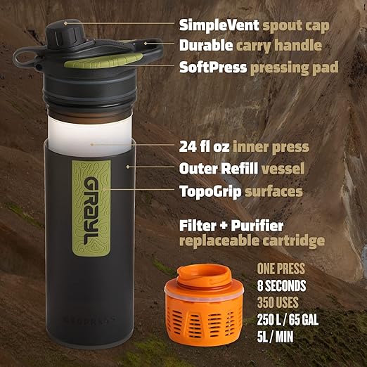 GRAYL GeoPress 24 oz Water Purifier Bottle - Filter for Hiking, Camping, Survival, Travel (Black Camo)