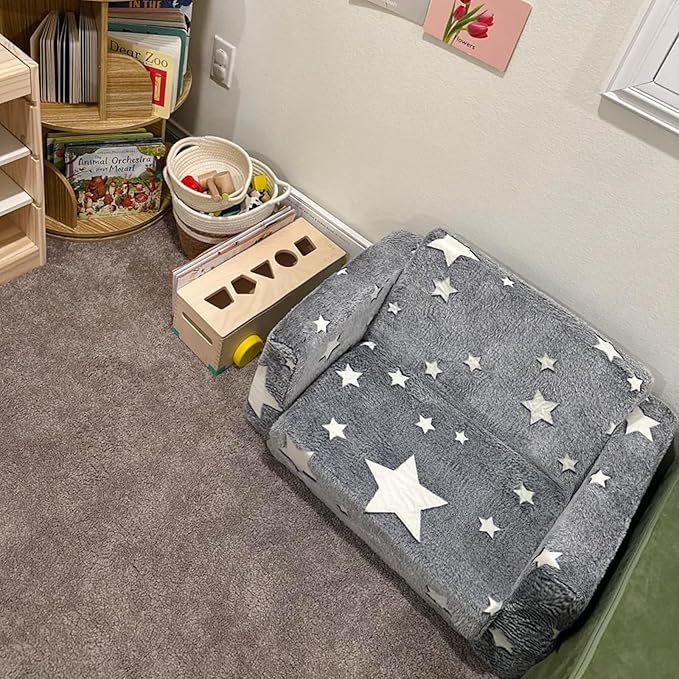 Tiita Kids Chair Comfy, Toddler Plush Sofa Bed Fold Out, 2-in-1 Kids Couch Chairs Flip Out, Convertible Children Couch Lounger, Baby Armrest Chair Bed for Girl or Boy, Grey Star