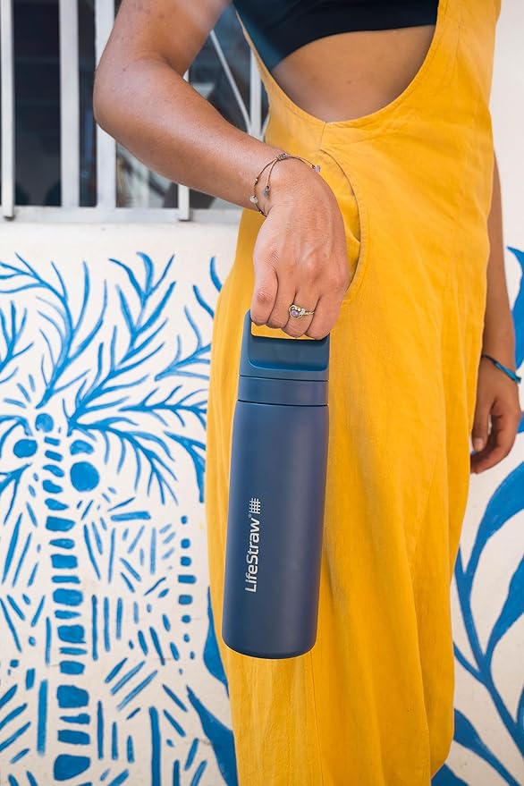 LifeStraw Go Series – Double Wall BPA-Free Vacuum Insulated 18 oz Stainless Steel Water Filter Bottle for travel and everyday use; Aegean Sea