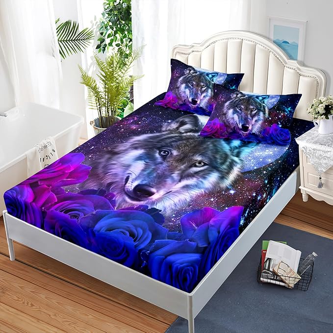 AILONEN Wolf Print Fitted Sheet Set Queen Size, Moon Galaxy Wolf Bed Sheet Set Queen,3 Pieces Queen Romantic Blue Rose Wolf Fitted Sheet with 2 Pillowcases