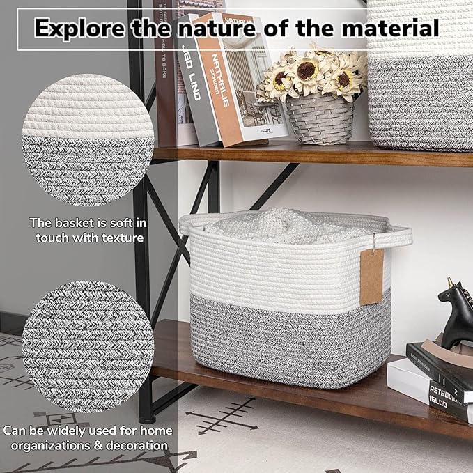 Goodpick Woven Storage Basket for Shelves, Small Laundry Basket for Cloth Towel Shoe, Empty Gift Basket with Handles, Grey and White Square Basket, 13 x 10 x 9 Inches