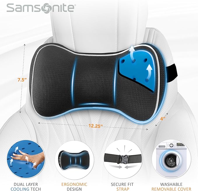 SAMSONITE, Infused-Gel Car Neck Pillow with Airflow Memory Foam, Headrest Support Cushion for Driving, Universal - Fits Any Vehicle, Including SUVs and Trucks, Washable Cover, Black…