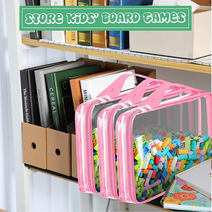 Sanwuta 3 Packs Toy Storage Bags with Zipper, Clear PVC Organizing Bags, Waterproof Toy Bags for Board Games, Building Blocks, Toys and Kids Books (Pink,12.6 x 9 x 2.36 Inch)