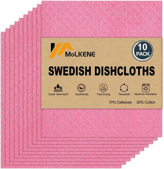 Swedish Dishcloths - 10 Pack Reusable Kitchen Dishcloths - Ultra Absorbent Dish Towels for Washing Dishes - Cellulose Sponge Cloth Cleaning Cloths - Pink