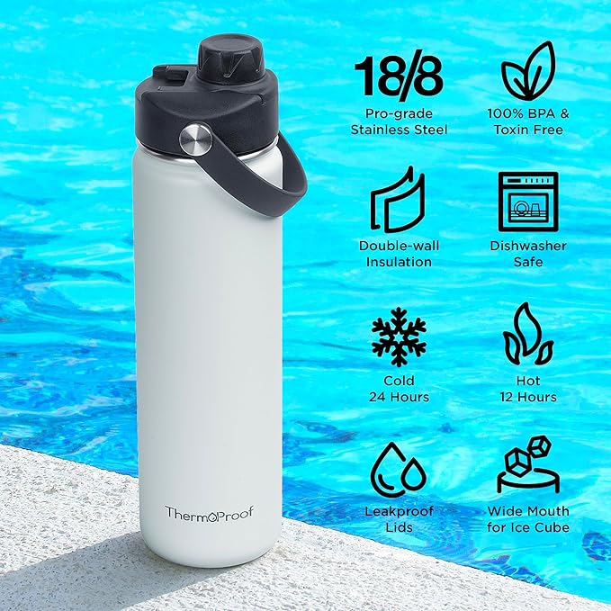 ThermoProof Hot & Cold Insulated Stainless Steel Water Bottle, Durable Leak Proof Gym Bottles for Men, Women & Kids, Double Walled Vacuum Bottles - 2 Lids (White, 22oz)