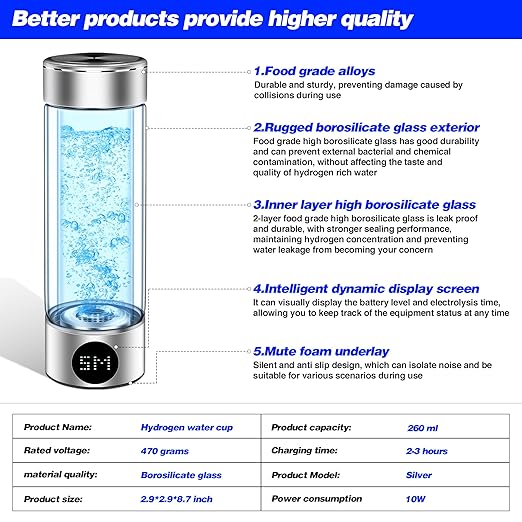 Newest Hydrogen Water Bottle, Ion Hydrogen Water Bottle Generator, Pure Water Electrolysis, Double Glass, Power Display, Electrolysis Timer, for Office, Travel, Gift for Love, Silver