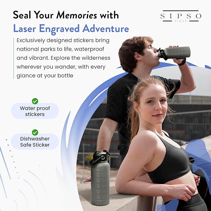 National Parks water bottle with Stickers: Unique 32 oz bottle | Double wall Stainless Steel water bottle | Leak Proof- laser Engraved water Bottle with National Park stickers (Gray)
