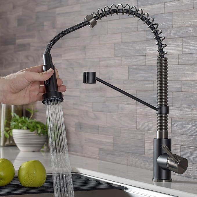 Kraus KPF-1610MBSB Bolden 18-Inch Commercial Kitchen Faucet with Dual Function Pull-Down Sprayhead in all-Brite Finish, Matte Black/Black Stainless Steel
