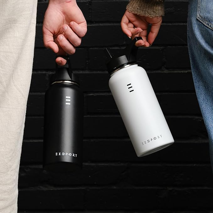 Stainless Steel Water Bottle - 32 Oz Water Bottle with Straw Lid, Coffee Lid, and Wide Mouth Lid - Double Insulated Water Bottle - Metal Water Bottle - Hot and Cold Insulated Thermos - (Black)