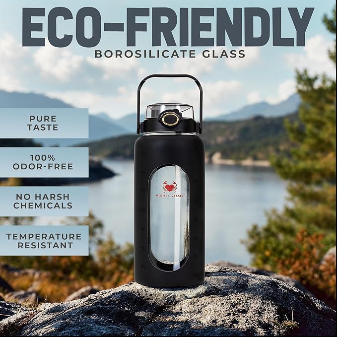 Leakproof Glass Water Bottles 64 oz - Borosilicate Large Glass Water Bottle with Straw & Time Markers - Half Gallon Water Bottle Glass, Wide Mouth Glass Gallon Water Bottle 2 Litres