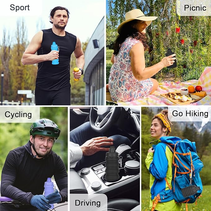 Collapsible Water Bottles, Water Bottle for Girl, Kids, Portable Water Bottle with Leakproof Lid, Reusable Food-Grade Bpa-Free Silicone Travel Bater Bottles for Gym, Hiking, Sports, Camping, Biking