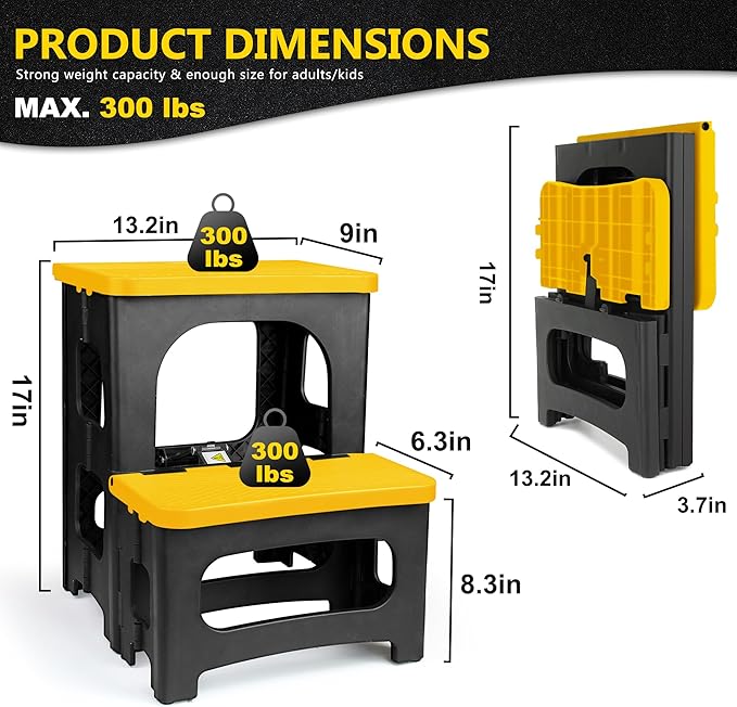 Folding 2-Step Stool, Non-Slip Portable Footstool 8" & 17" Dual Heights, Holds 300 lbs, Portable Footstool for Kitchen Home Toilet Bedroom Office Bathroom RV(Yellow)