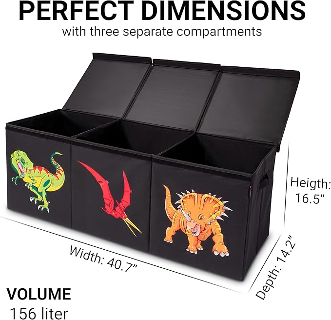 Extra Large Collapsible Dino Toy Box with Lids for Kids - Toy Storage Organizer, Chest, and Bin in Living Room, Playroom or Kids Room Organization