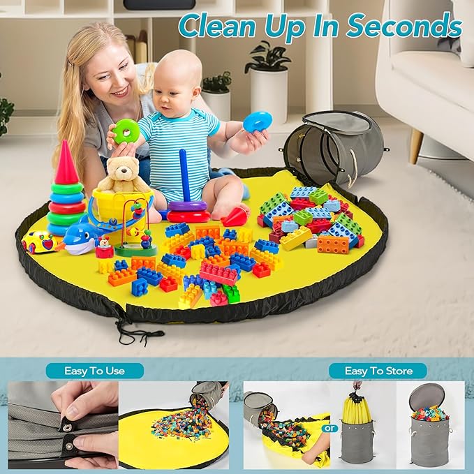 Toy Storage Basket and Play Mat for Kids - Foldable Toy Storage Organizer Bins with Lids - Kids Toy Box Chest for Building Blocks, Boys, Girls, Nursery, Playroom, 12.6''x12.6''x15.5''(Grey)