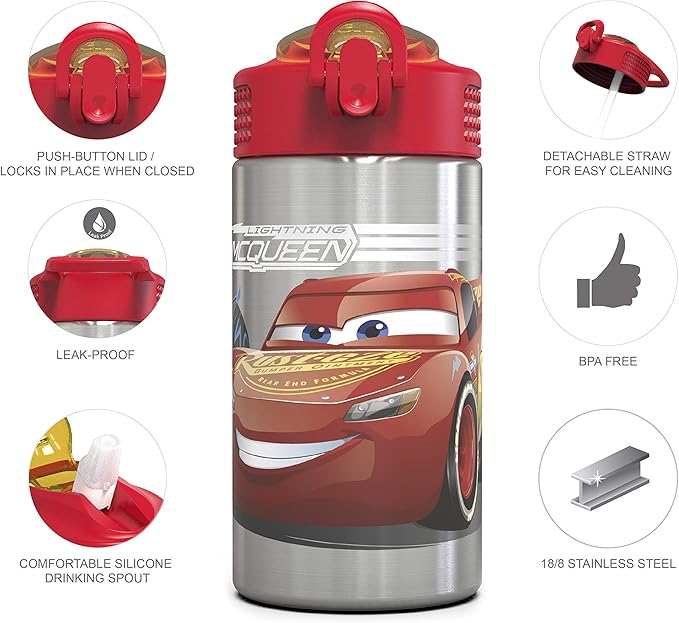 Zak Designs Disney Cars 3 - Stainless Steel Water Bottle with One Hand Operation Action Lid and Built-in Carrying Loop, Kids Water Bottle with Straw Spout is Perfect for Kids (15.5 oz, 18/8, BPA-Free)
