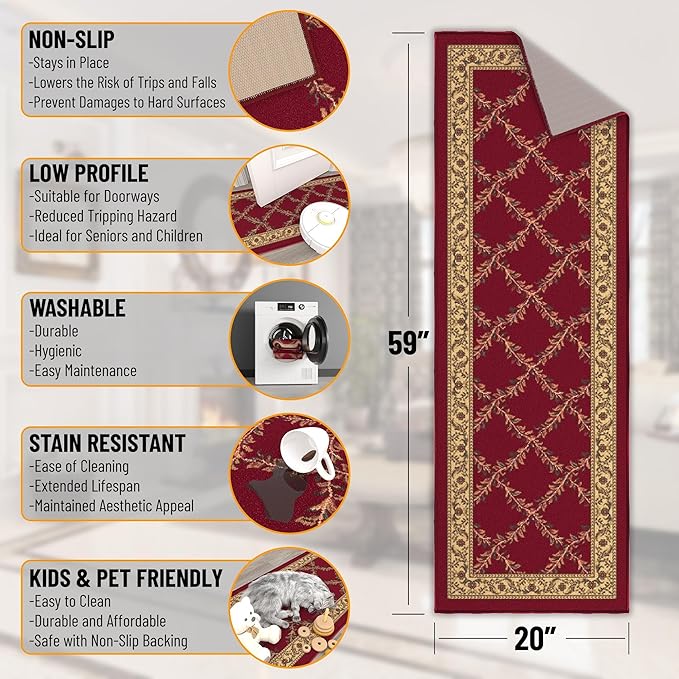 Machine Washable Trellis Design Non-Slip Rubberback 2x5 Modern Runner Rug for Hallway, Kitchen, Living Room, Bedroom, Entryway, 20" x 59", Red Trellis