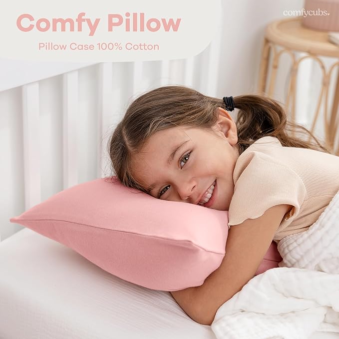 Comfy Cubs Toddler Pillow with Soft Cotton Pillowcase, 13"x18", Blush (2 Pack) - Kids Pillow for Sleeping & Travel - Comfortable Small Pillow - Kids Travel Pillow with Breathable Microfiber Fill