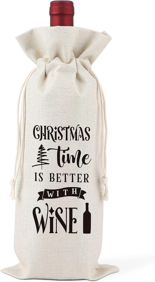 Christmas Time Is Better With Wine,Christmas Party Wine Bag,Party Favor Bag,Wine Bag Gift for Friends,Sisters,Besties,Colleagues,Family,Daughters,Sons,Reusable Wine Bag With Drawstring,L48
