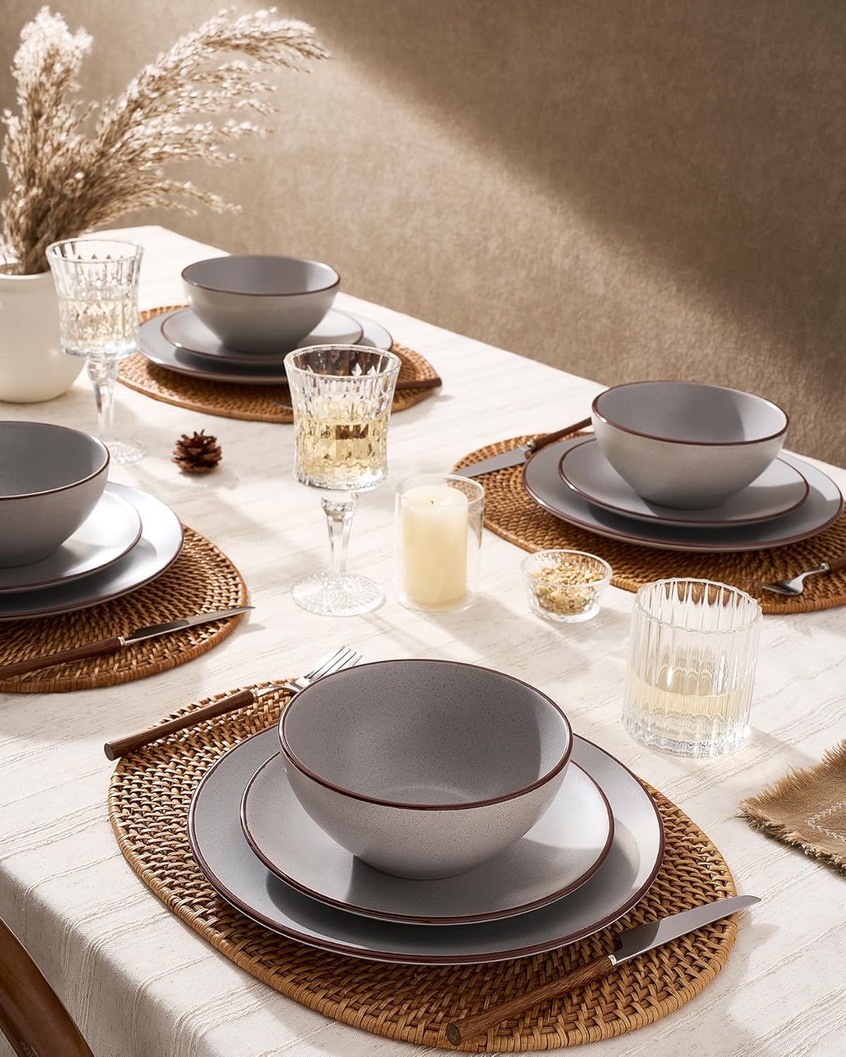 Famiware Venus Plates and Bowls Sets, 12 Pieces Stoneware Speckled Dinnerware Sets, Dishes Set for 4, Microwave and Dishwasher Safe, Matte Light Grey