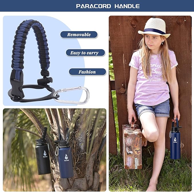 Farsea Insulated Water Bottle with Straw Lid & Spout Lid & Paracord Handle, Stainless Steel Water Bottle Wide Mouth, Double Wall Sweat-Proof BPA-Free, 40 oz, Blue