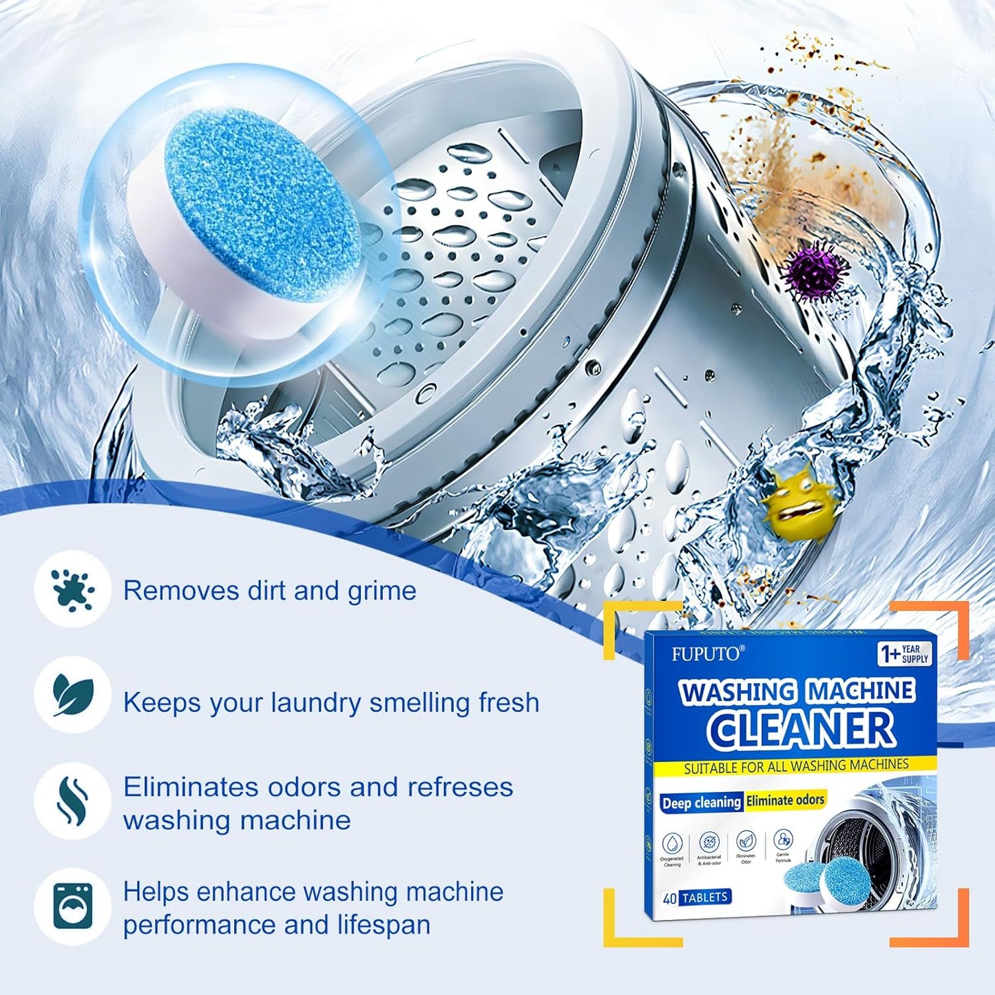 Washing Machine Cleaner Tablets, 40Pcs Deep Cleaning Tablets, Compatible with HE, Top & Front Load, Deep Cleaning Residue & Odor Eliminator, Deep-cleans to remove residue and neutralize smells01
