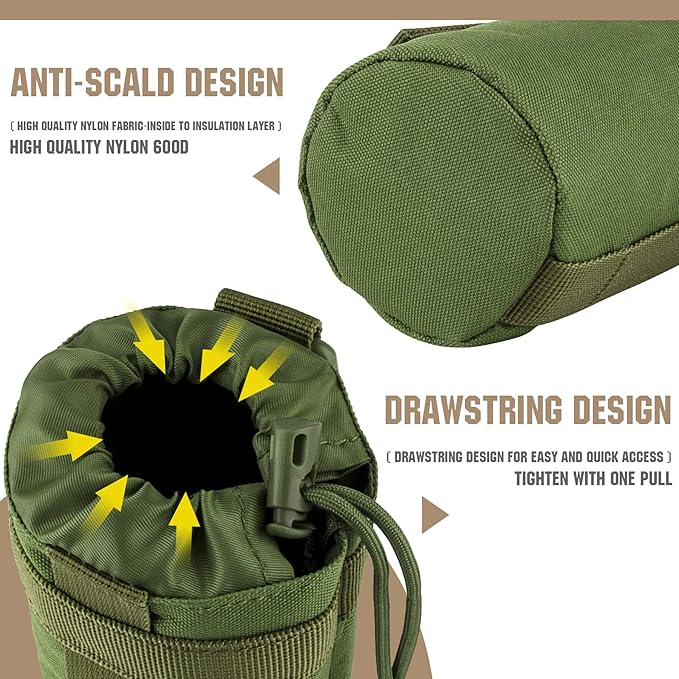 IronSeals Adjustable Tactical Water Bottle Pouch Foldable MOLLE Water Bottle Holder Drawstring Open Top Travel Water Bottle Bag