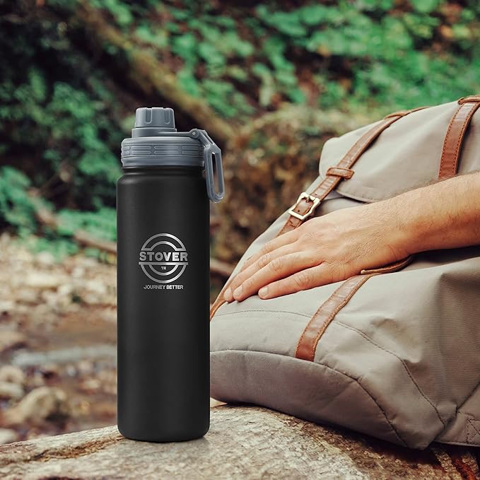 STOVER 25oz Insulated Water Bottle, Wide Mouth Double-Walled Stainless Steel- Vacuum Sealed, Leakproof, Durable, Slim Design Fits in Cup Holder- Flip Top Lid/Spout for Travel- Women/Men (Black)