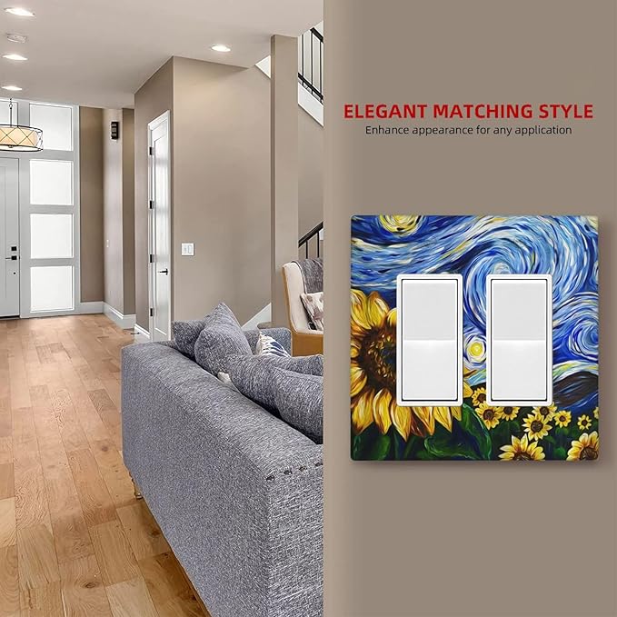 Vintage Abstract Blue Starry Sunflower 2 Gang Rocker Decora Light Switch Covers Dual Outlet Covers Wall Plate Decorative Switchplate Electrical Faceplate GFCI for Farmhouse Country Bedroom Decor