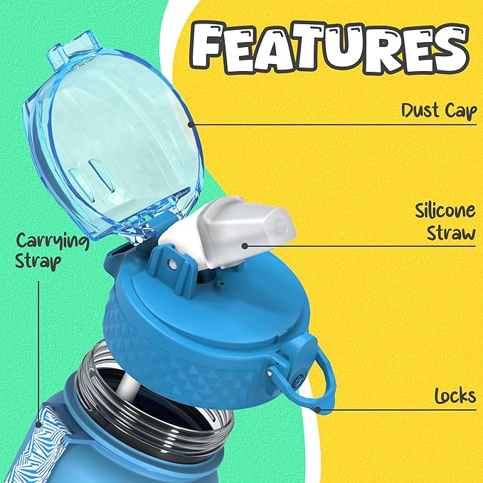 OLDLEY Kids Water Bottle for School, 17 oz (Straw Lid) BPA-Free Reusable Leak-proof Durable Tritan Plastic Water Bottles with One-handed Opening Straw Lids, Anti-dust Spout Cover (Blue)