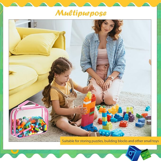 Sanwuta 3 Packs Toy Storage Bags with Zipper, Clear PVC Organizing Bags, Waterproof Toy Bags for Board Games, Building Blocks, Toys and Kids Books (Pink,12.6 x 9 x 2.36 Inch)