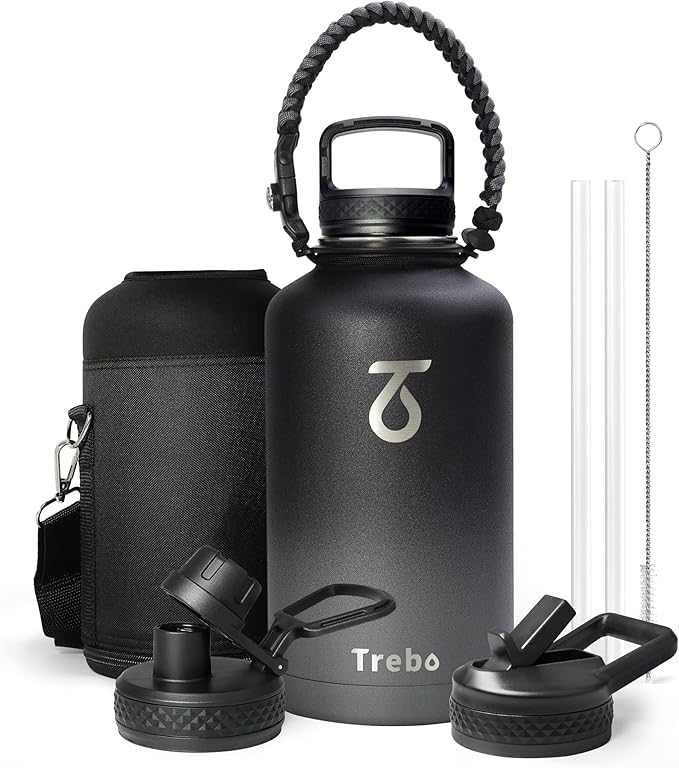 Trebo Water Bottle 64oz with Paracord Handle, Half Gallon Food-grade Double Wall Vacuum Stainless Steel Insulated Jug with Straw Spout Handle Lids, Leakproof Keep Cold & Hot Ombre: Dark Gray