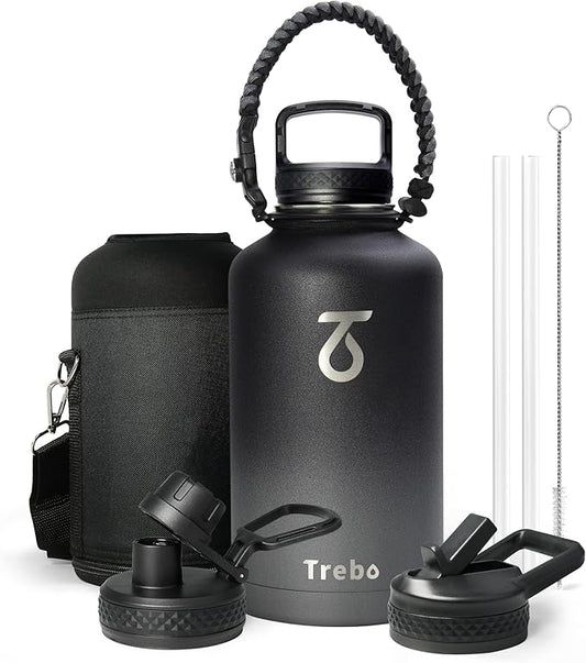 Trebo Water Bottle 64oz with Paracord Handle, Half Gallon Food-grade Double Wall Vacuum Stainless Steel Insulated Jug with Straw Spout Handle Lids, Leakproof Keep Cold & Hot Ombre: Dark Gray
