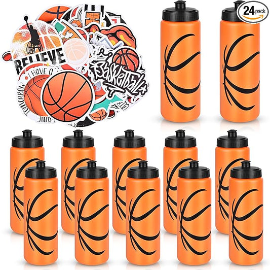 12 Pack Bulk Basketball Sports Water Bottle with 12 Pack Sticker Gift Set, Squeeze BPA-Free Reusable Water Bottles for Basketball Team Party Favors Gift（20OZ）
